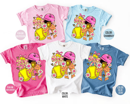Comfort Colors Girls Preppy Checkered Softball Shirt, Kids Softball Shirts
