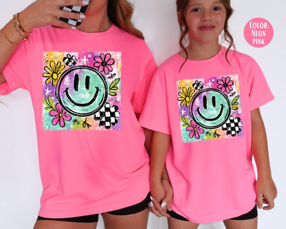 Comfort Colors Girls Retro Smiley Face Shirt, Girly Happy Face Tee