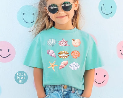 Comfort Colors® Kids Seashell Shirt, Cute Trendy Beach Shirt for Girls, Preppy Seashell Tee, Youth Beach Shirts, Matching Beach Shirts