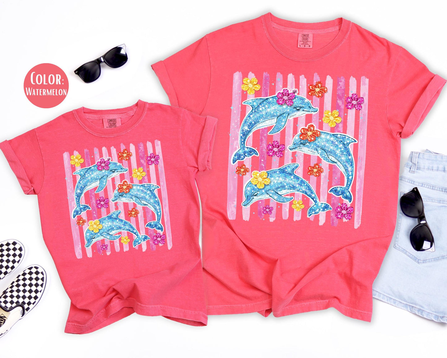 Comfort Colors Faux Glitter Dolphin Shirt, Girls Dolphin Shirts