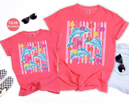 Comfort Colors Faux Glitter Dolphin Shirt, Girls Dolphin Shirts