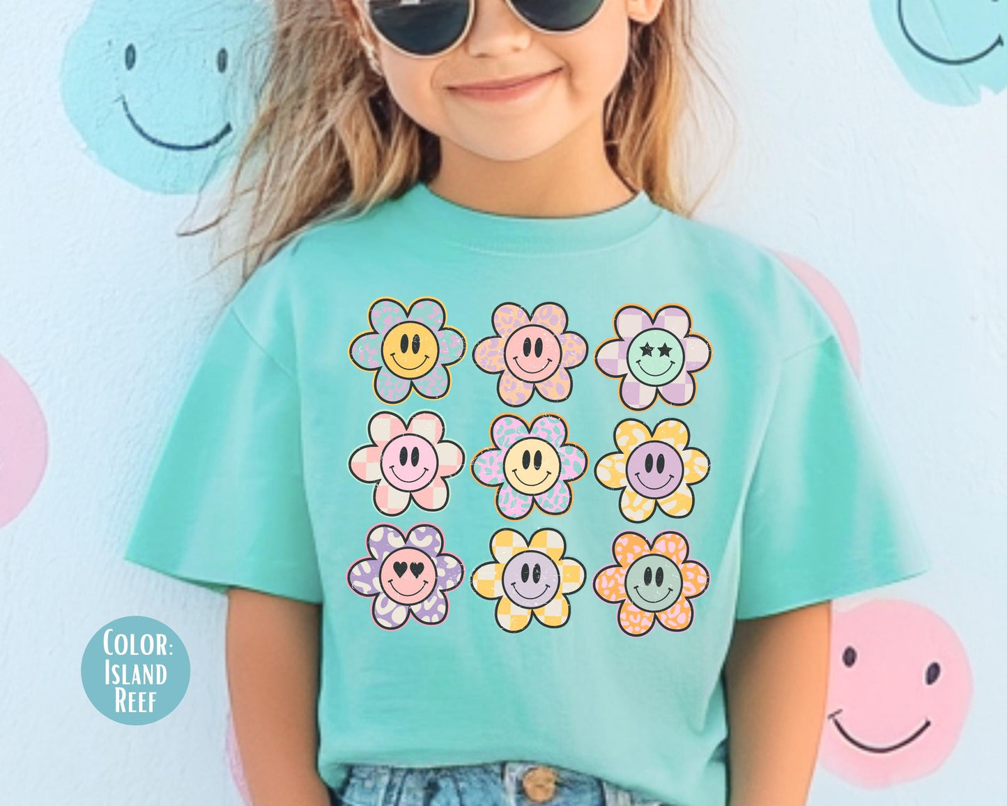 Comfort Colors Retro Smiley Face Flowers Shirt, Girls Smiley Flower Tee