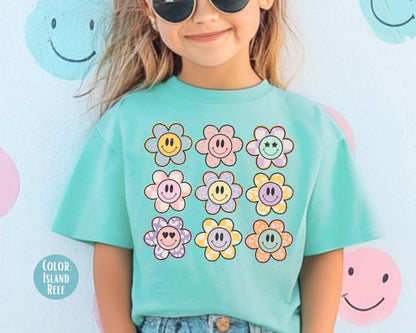 Comfort Colors Retro Smiley Face Flowers Shirt, Girls Smiley Flower Tee