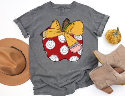 Comfort Colors Apple Pencil Bow Teacher Shirt