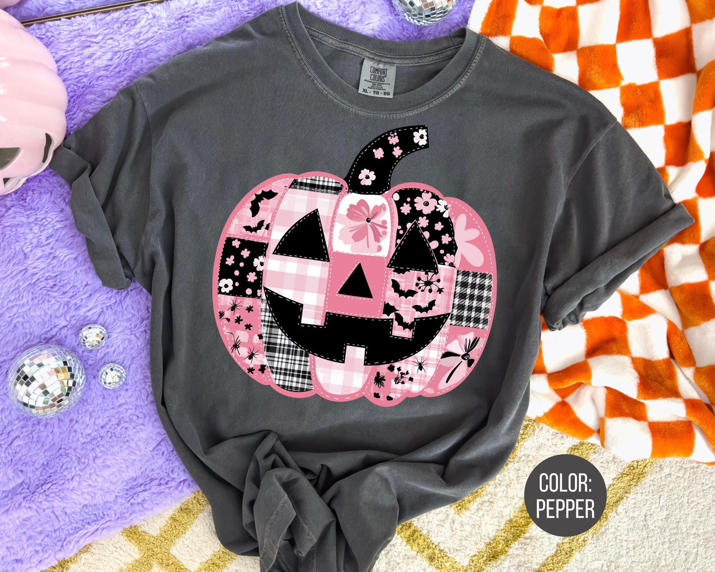 Comfort Colors Pink Pumpkin Patchwork Shirt - Retro Halloween Tee