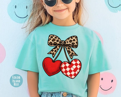 Comfort Colors Leopard Coquette Valentine Cherries Shirt: Girls Valentine's Day Tee