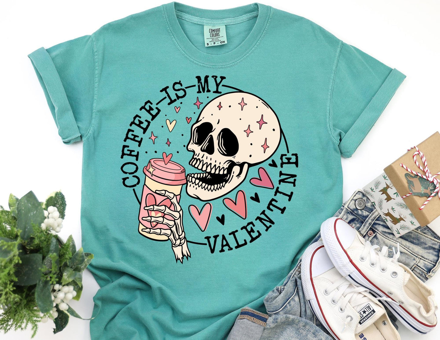 Comfort Colors Coffee Valentine Shirt: Skull & Hearts Graphic Tee