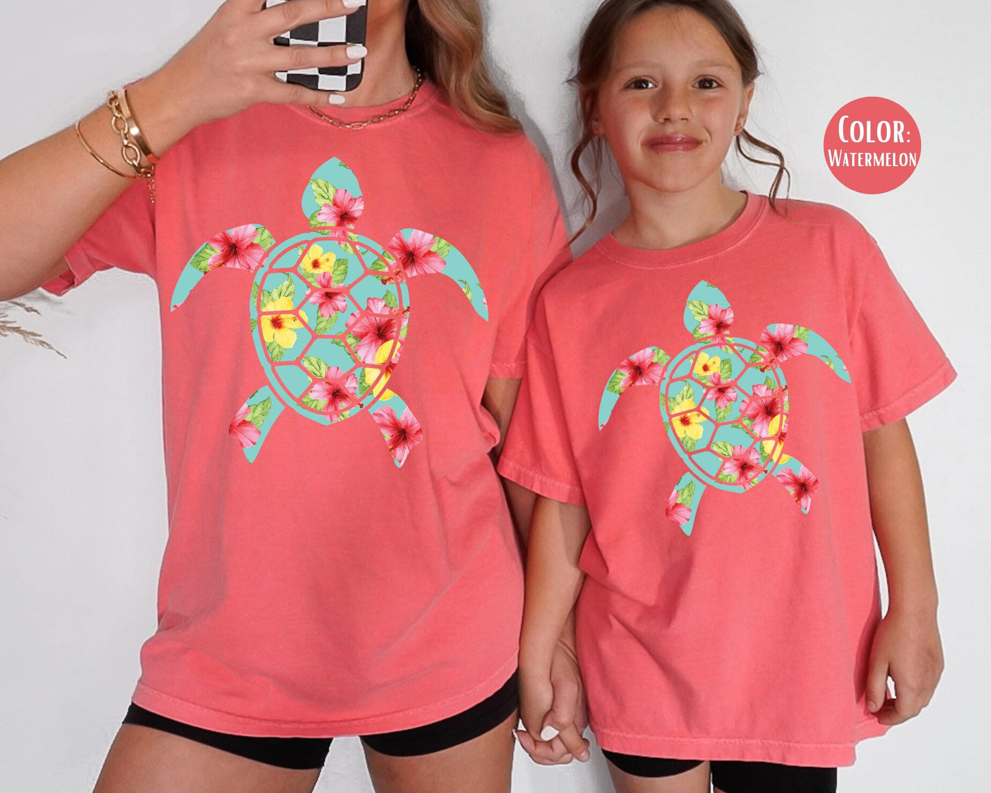 Comfort Colors® Floral Sea Turtle Shirt, Matching Summer Shirts, Girls Beach Shirts, Matching Mom and Daughter Shirts, Cute Sea Turtle Tees