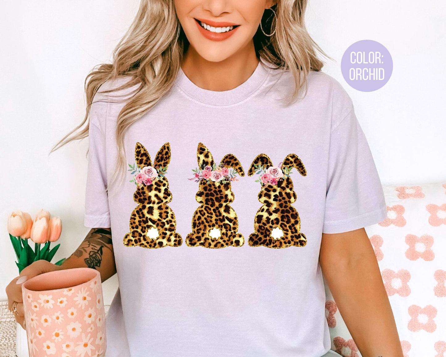 Comfort Colors® Floral Leopard Bunnies Shirt, Adult and Youth Leopard Easter Shirts