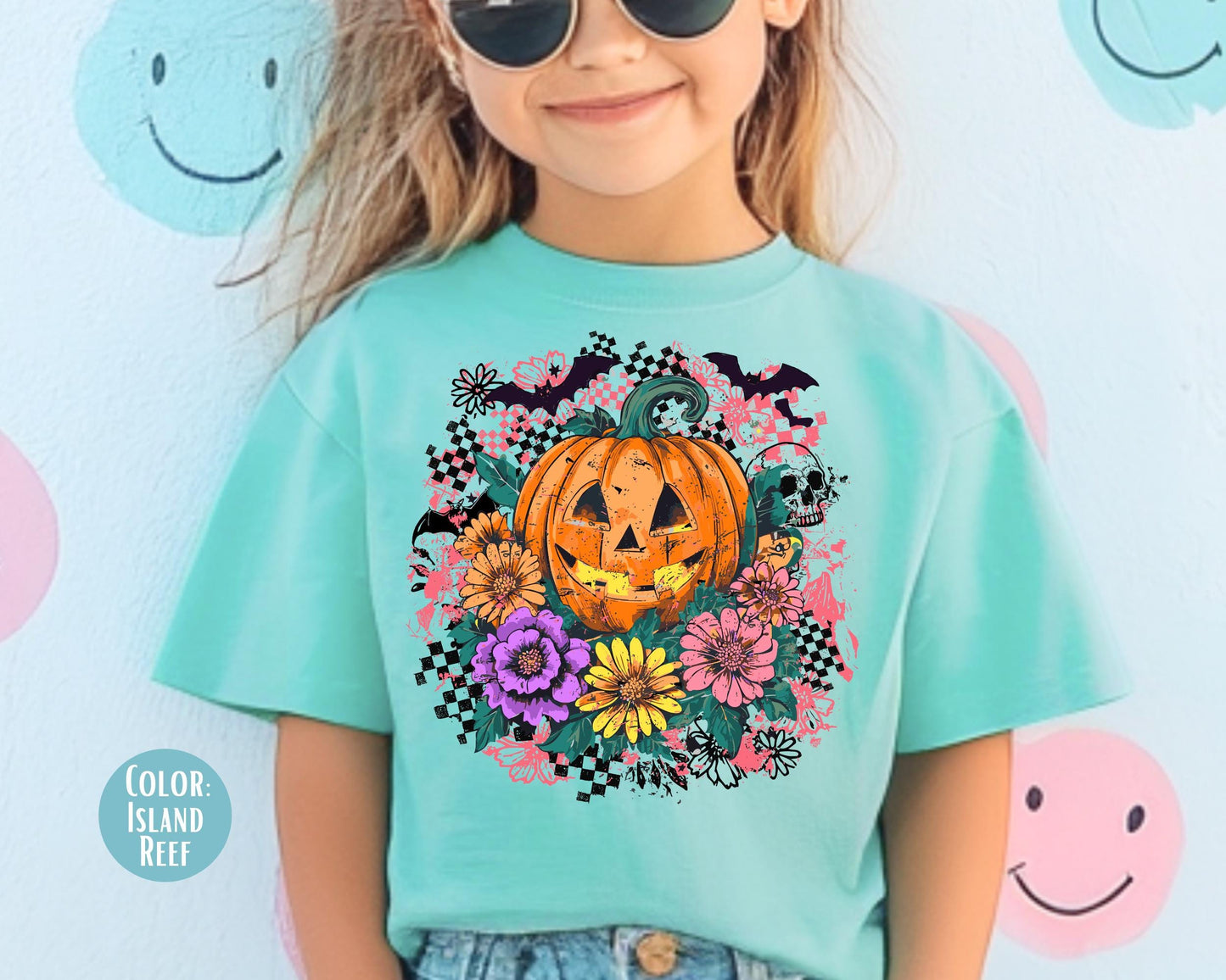 Comfort Colors Floral Jack O'Lantern Shirt: Retro Checkered Halloween