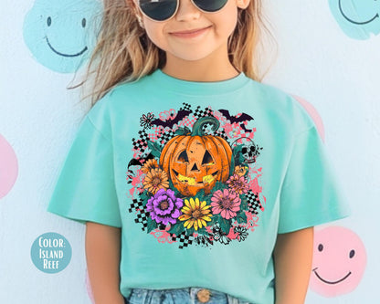 Comfort Colors Floral Jack O'Lantern Shirt: Retro Checkered Halloween