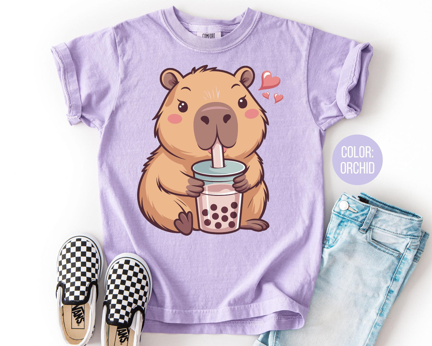 Comfort Colors Capybara Bubble Tea Shirt, Kids Capybara Tee