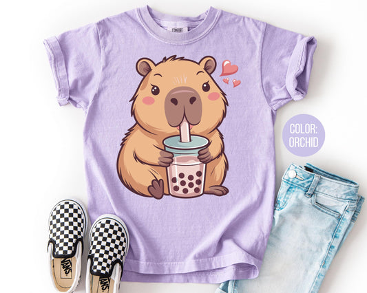 Comfort Colors Capybara Bubble Tea Shirt, Kids Capybara Tee