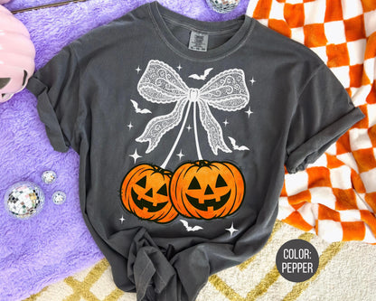 Comfort Colors Coquette Halloween Shirt: Cherry Pumpkins & Lace