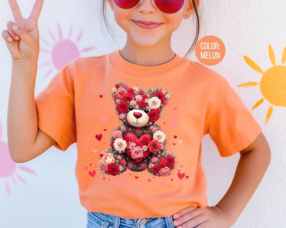 Comfort Colors Floral Teddy Bear Shirt, Girls Valentines Day Shirt, Kids Shirts