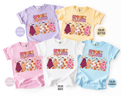 Comfort Colors Girls Spooky Season Shirt, Preppy Ghosts Kids Tee, Youth Halloween T-shirt