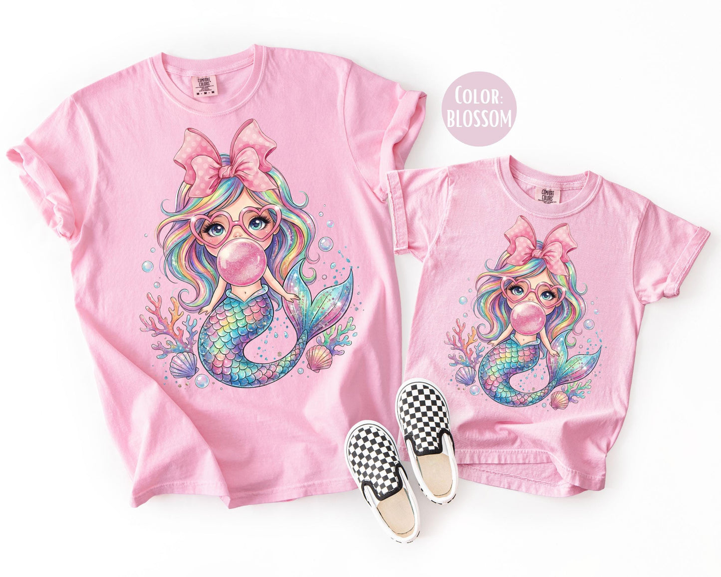 Comfort Colors® Mermaid Blowing Bubble Gum Shirt, Mama and Mini Mermaid Shirts