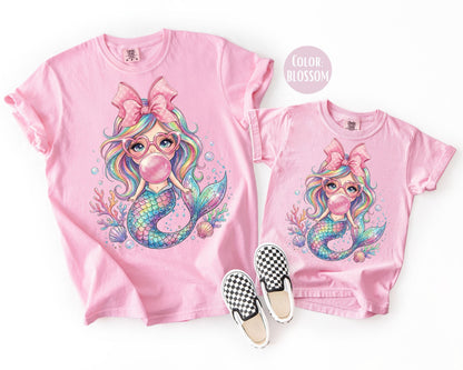 Comfort Colors® Mermaid Blowing Bubble Gum Shirt, Mama and Mini Mermaid Shirts