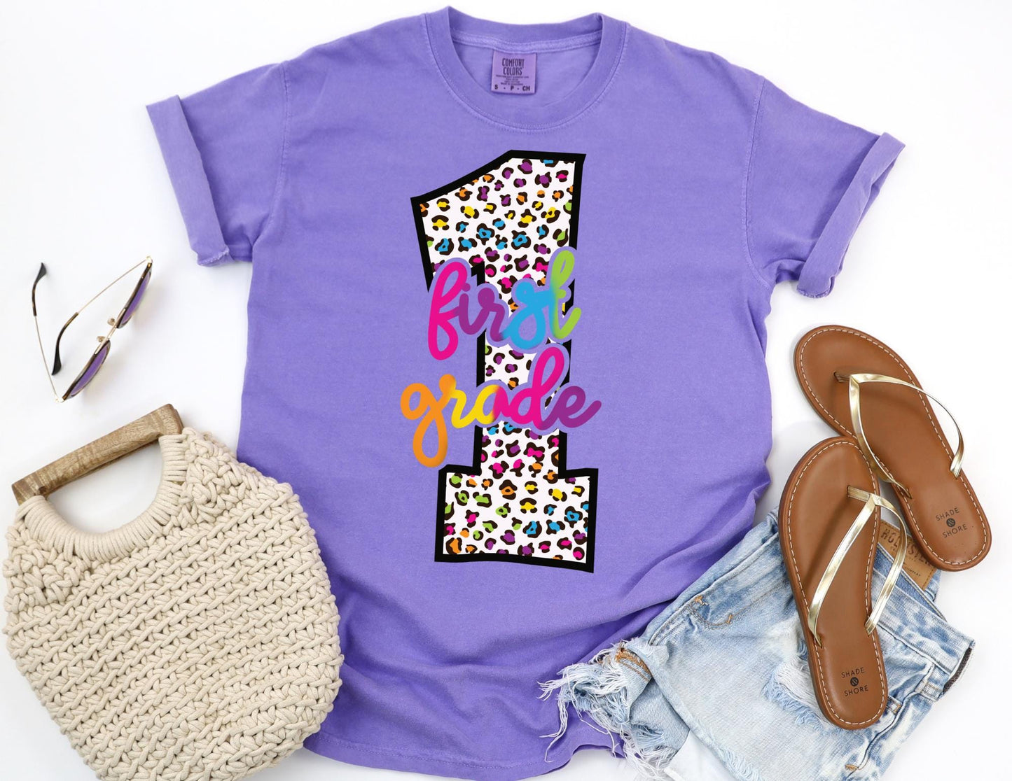 Comfort Colors First Grade Teacher Shirt: Leopard Print