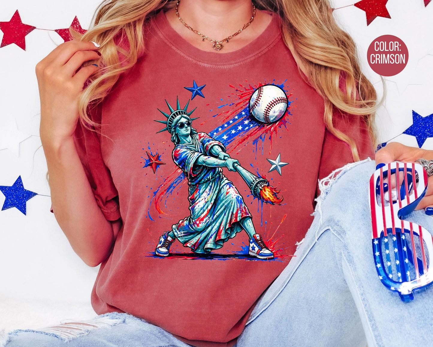 Comfort Colors Statue of Liberty Hitting Baseball Shirt, Funny 4th of July Shirts