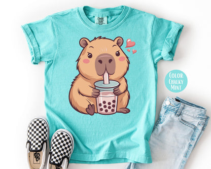 Comfort Colors Capybara Bubble Tea Shirt, Kids Capybara Tee