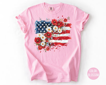 Comfort Colors Floral American Flag Shirt: 4th of July Tee