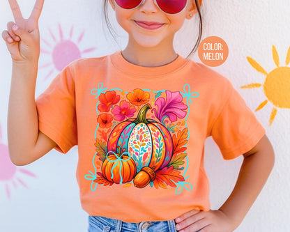Comfort Colors Girls Fall Floral Pumpkin Shirt: Coquette Tee