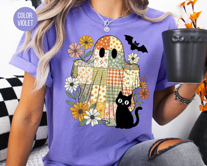 Comfort Colors Patchwork Ghost and Black Cat Halloween Shirt