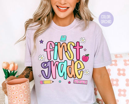 Comfort Colors® Colorful Preppy First Grade Shirt, 1st Grade Teacher Shirts