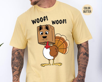 Mens Comfort Colors Funny Turkey Shirt, Thanksgiving Shirts for Dad, Woof Turkey T-shirt