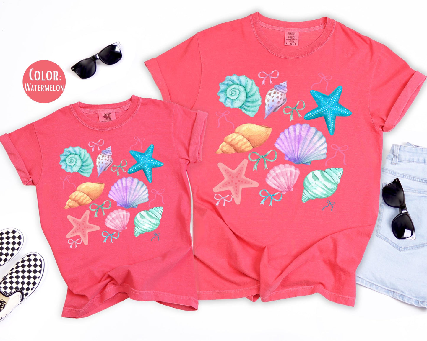 Comfort Colors® Preppy Coquette Seashells Shirt, Mama and Mini Summer Shirts
