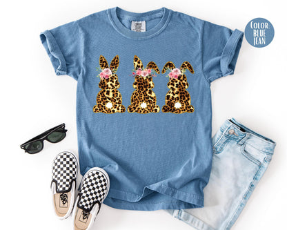 Comfort Colors® Floral Leopard Bunnies Shirt, Adult and Youth Leopard Easter Shirts