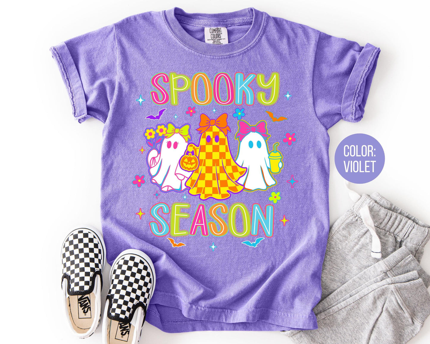 Comfort Colors Girls Spooky Season Ghost Shirt, Halloween Tee