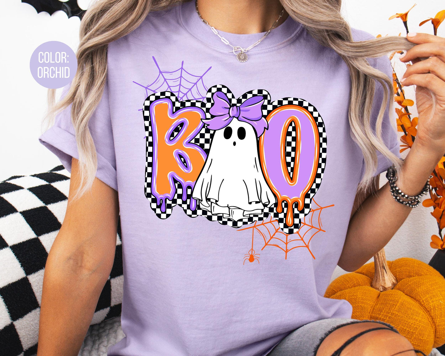 Comfort Colors Checkered Ghost Shirt: Spooky Halloween Mama & Mini Tees