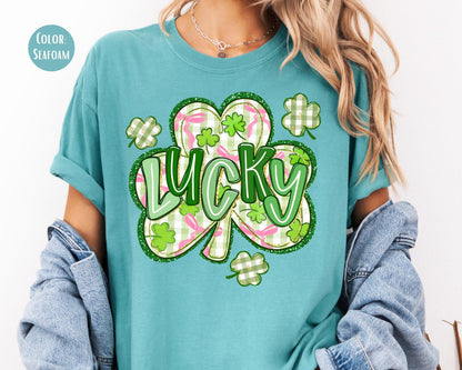 Comfort Colors Faux Glitter Lucky Clover Shirt, Shamrock St Patricks Day Shirt