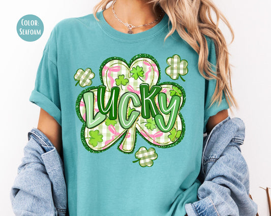 Comfort Colors Faux Glitter Lucky Clover Shirt, Shamrock St Patricks Day Shirt