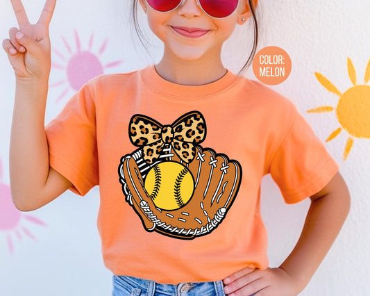 Comfort Colors Girls Leopard Softball Glove Shirt, Kids Softball Shirts