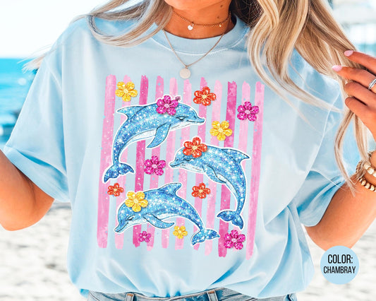 Comfort Colors Faux Glitter Dolphin Shirt, Girls Dolphin Shirts