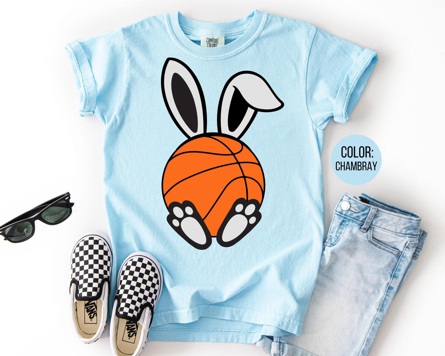 Comfort Colors® kids Easter Basketball Shirt, Bunny Basketball Tee
