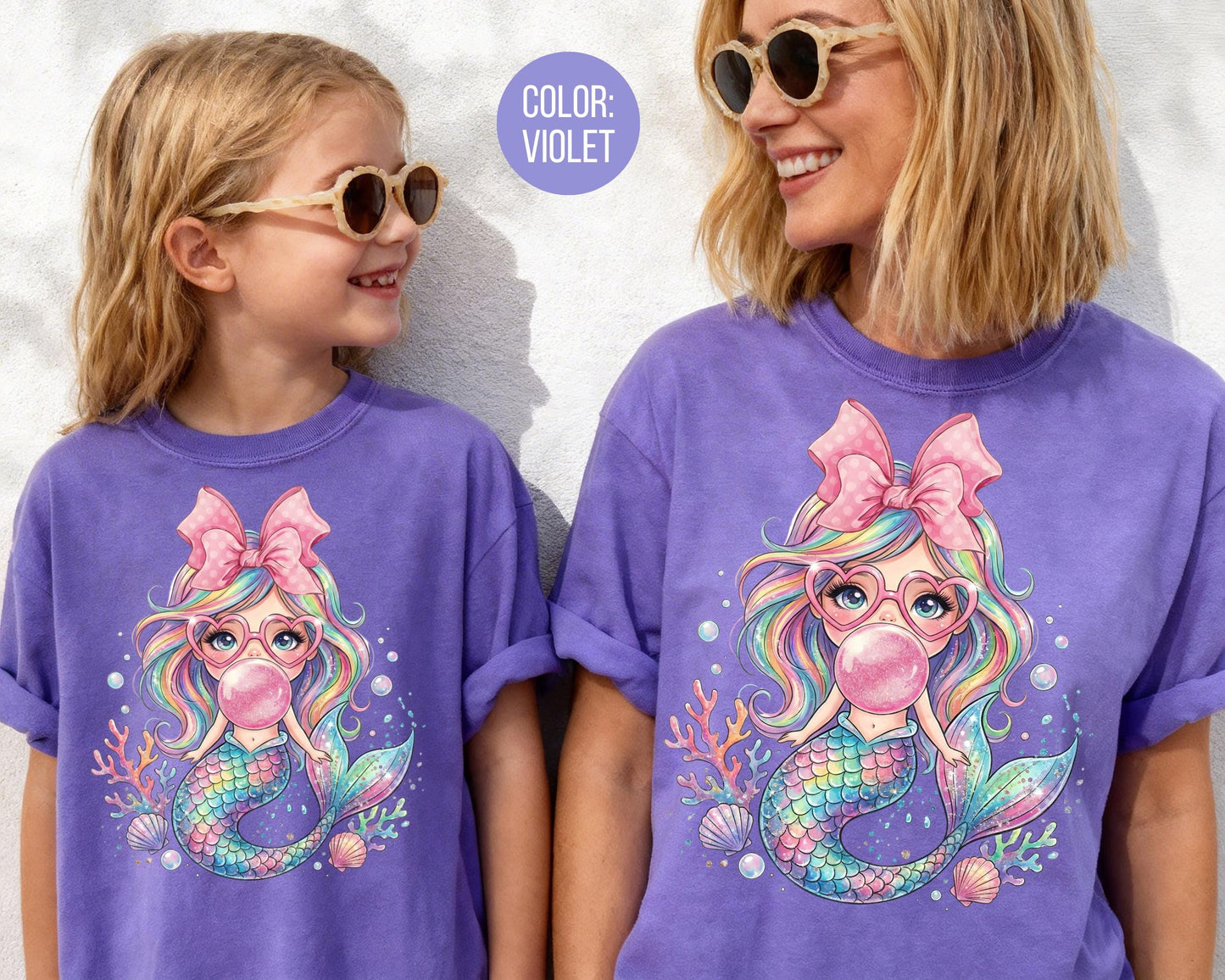 Comfort Colors® Mermaid Blowing Bubble Gum Shirt, Mama and Mini Mermaid Shirts