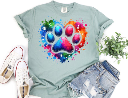 Comfort Colors Dog Paw Valentine Shirt: Watercolor Heart Tee