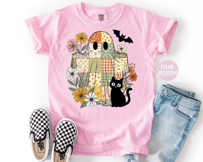 Comfort Colors Patchwork Ghost and Black Cat Halloween Shirt