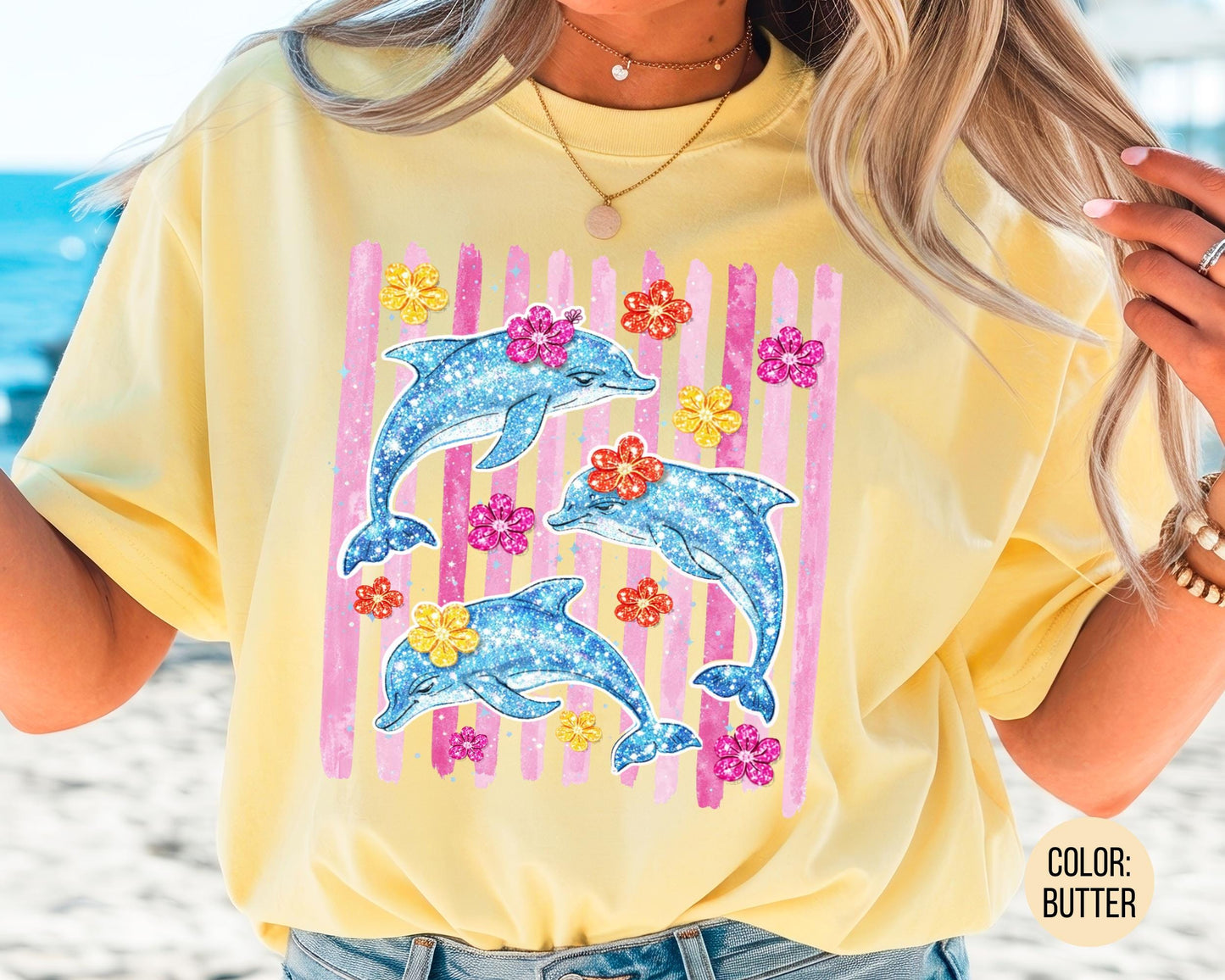 Comfort Colors Faux Glitter Dolphin Shirt, Girls Dolphin Shirts