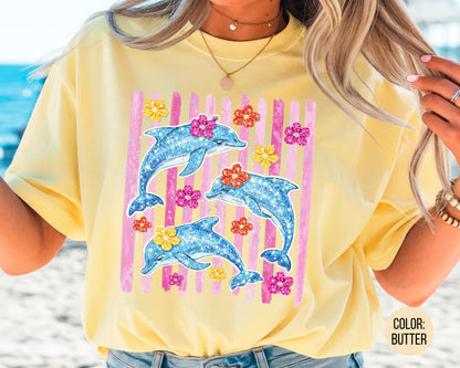 Comfort Colors Faux Glitter Dolphin Shirt, Girls Dolphin Shirts