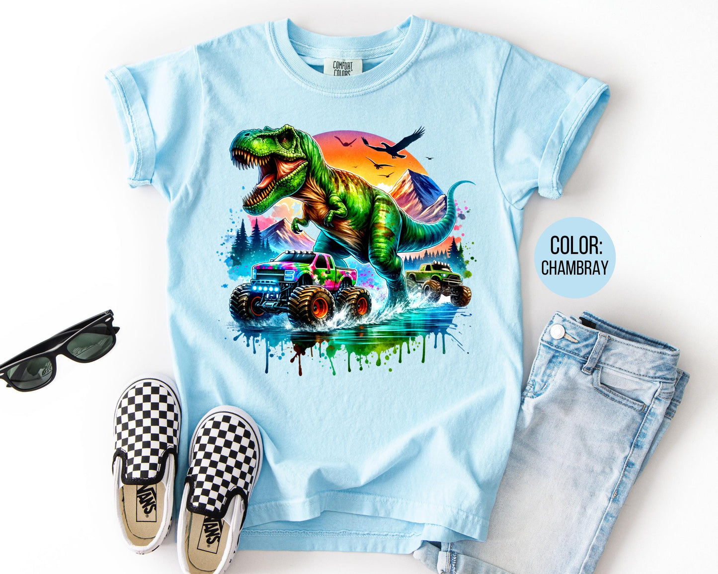 Comfort Colors® Boys T-Rex Monster Truck Shirt, Kids Dinosaur Shirts
