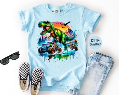 Comfort Colors® Boys T-Rex Monster Truck Shirt, Kids Dinosaur Shirts