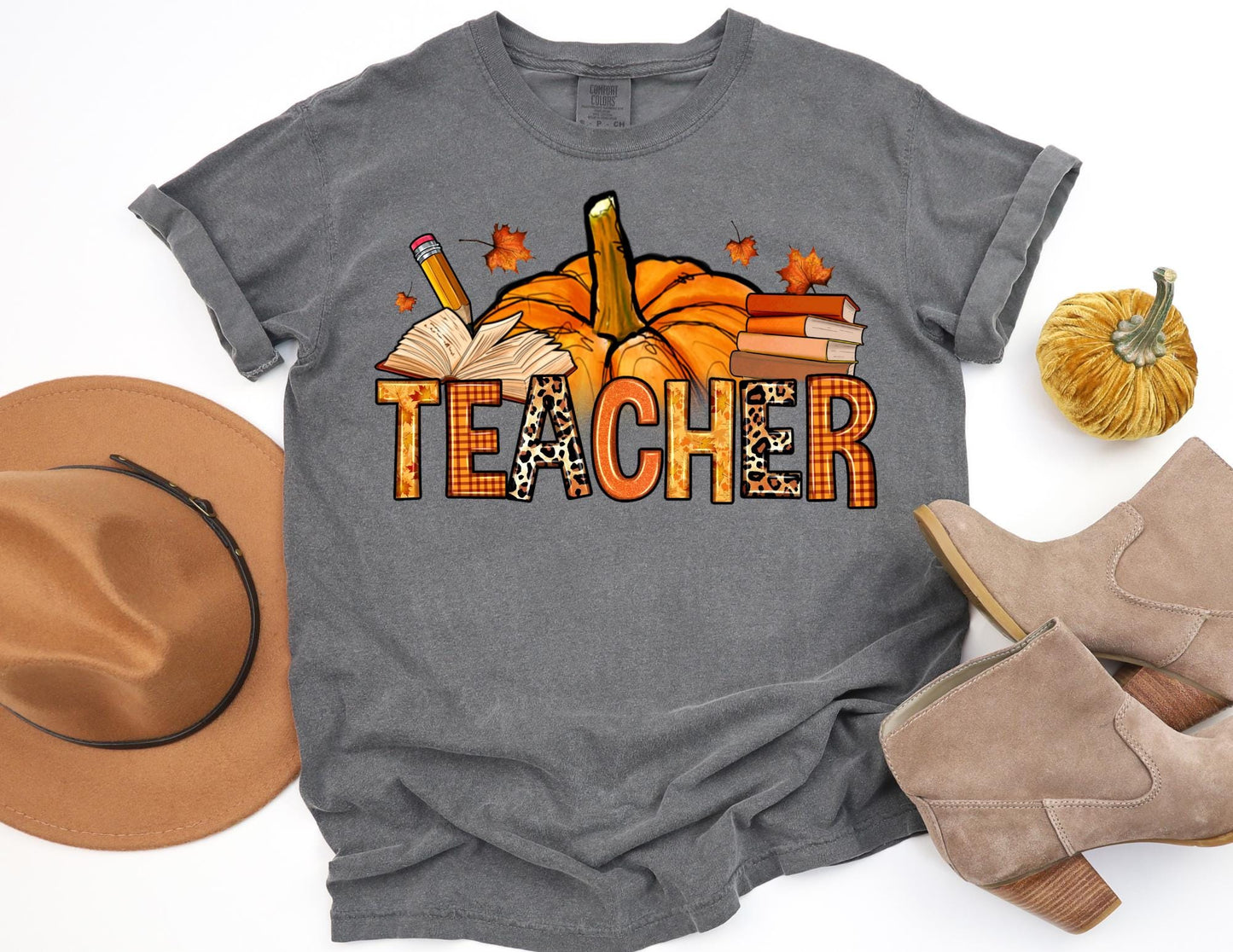 Comfort Colors Fall Teacher Shirt: Pumpkin Books Tee