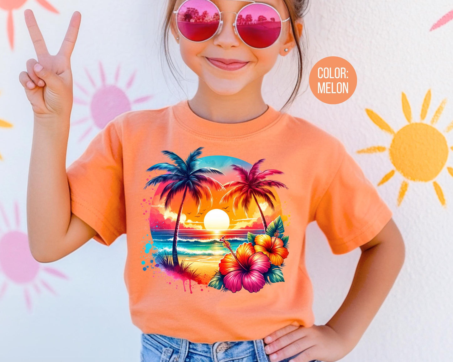 Comfort Colors Kids Beach Shirt: Sunset Palms & Hibiscus