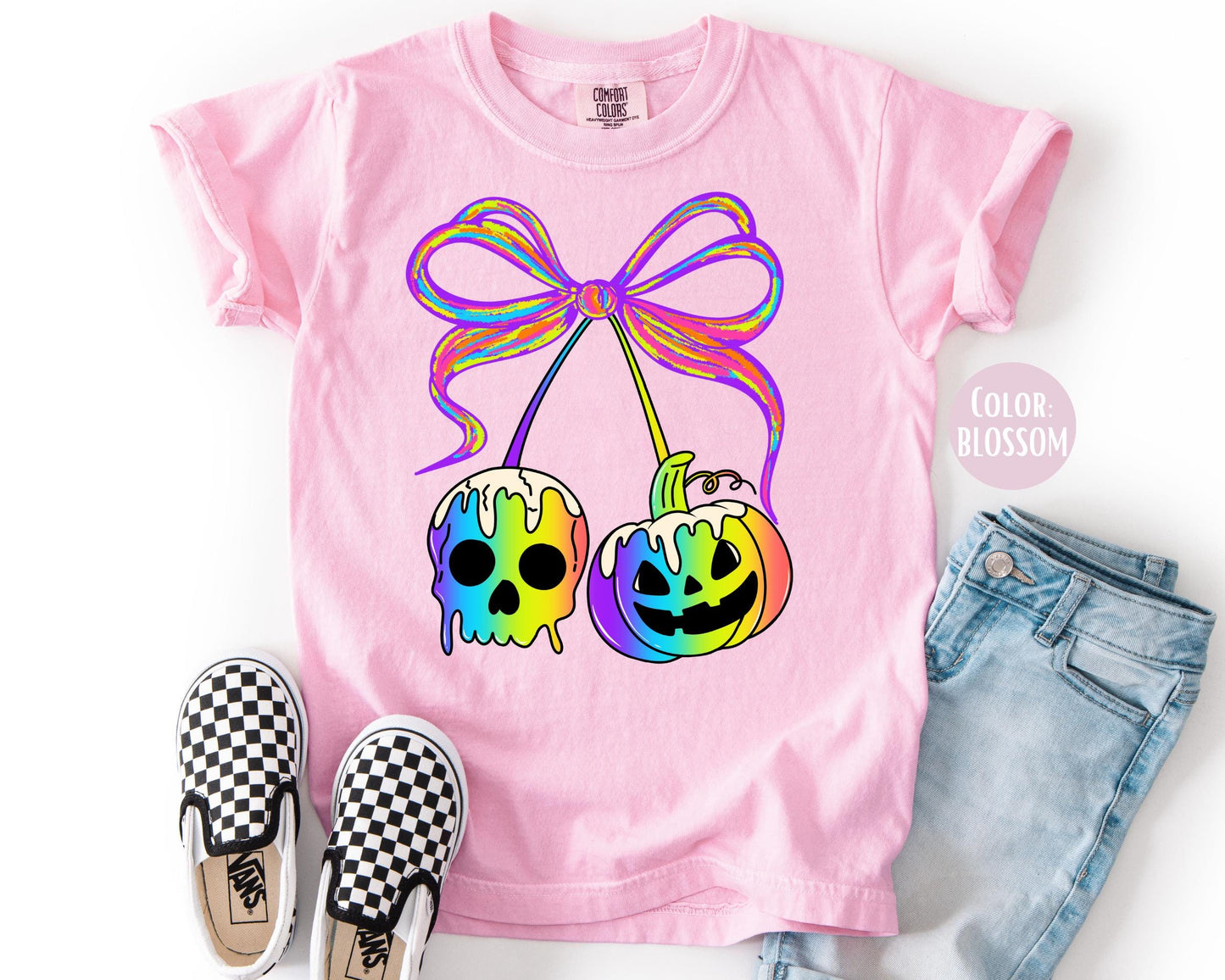 Comfort Colors Neon Halloween Shirt: Coquette Pumpkins & Spooky Skull