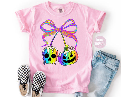 Comfort Colors Neon Halloween Shirt: Coquette Pumpkins & Spooky Skull